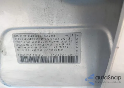 2007 Volkswagen Rabbit 4-Door z USA, uszkodzony, nr VIN WVWCR71K47W283215